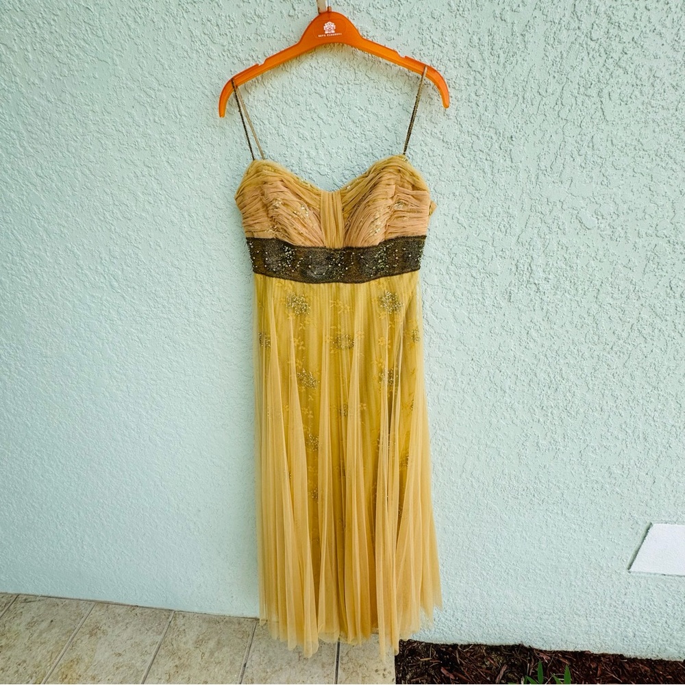 Gatti nolli S silk glitter floral beaded dirty gold ball gown dress Designer - Picture 2 of 16